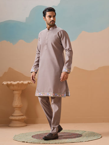 Elegant Grey Embroidered Kurta Jacket and Pant for Mens