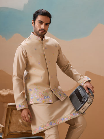 Celebration Beige Kurta Jacket and Pant Wedding Outfit for Men