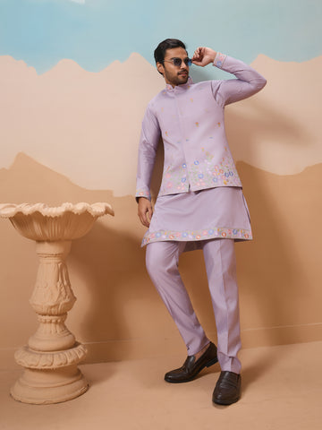 Trendy Lavender Wedding Celebration Kurta Jacket With Pant For Mens