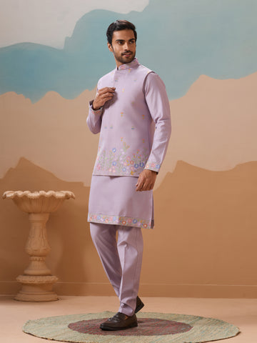 Trendy Lavender Wedding Celebration Kurta Jacket With Pant For Mens