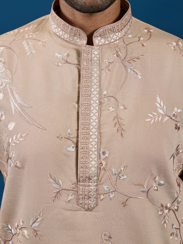 Elegant Beige Embroidered Viscose Silk Kurta for Mens