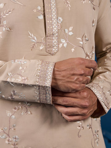 Elegant Beige Embroidered Viscose Silk Kurta for Mens