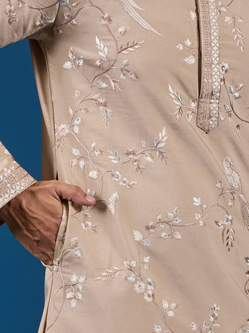 Elegant Beige Embroidered Viscose Silk Kurta for Mens
