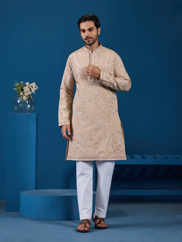 Elegant Beige Embroidered Viscose Silk Kurta for Mens