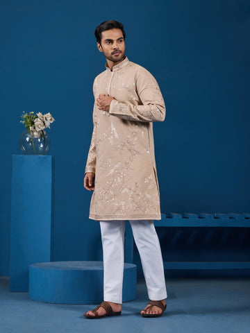 Elegant Beige Embroidered Viscose Silk Kurta for Mens