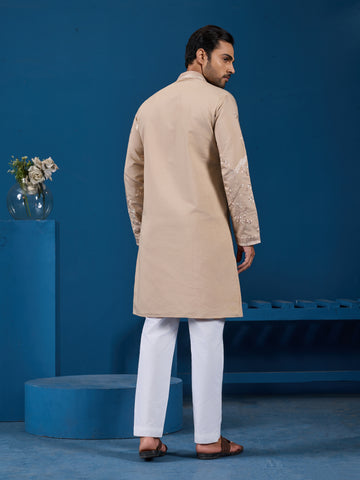 Elegant Beige Embroidered Viscose Silk Kurta for Mens
