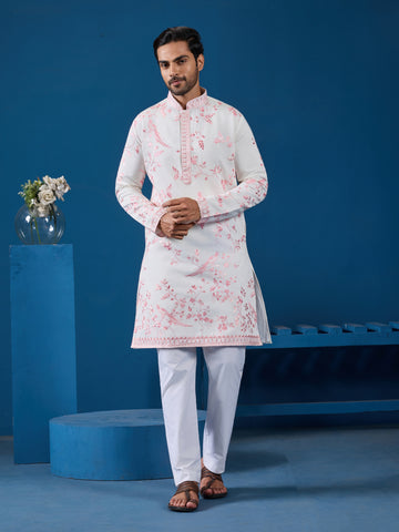 Classic White Viscose Silk Festive Kurta for Mens
