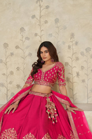 Rani Pink Color Luxury Zari Embroidered Luxury Bridal Lehenga Choli Set