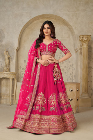 Rani Pink Color Luxury Zari Embroidered Luxury Bridal Lehenga Choli Set