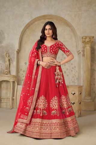 Red Grandeur Luxury Zari Embroidered Premium Bridal Lehenga Choli Set