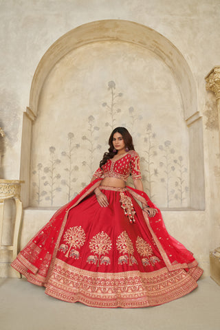 Red Grandeur Luxury Zari Embroidered Premium Bridal Lehenga Choli Set