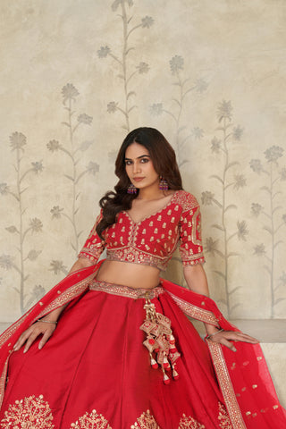Red Grandeur Luxury Zari Embroidered Premium Bridal Lehenga Choli Set