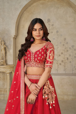 Red Grandeur Luxury Zari Embroidered Premium Bridal Lehenga Choli Set