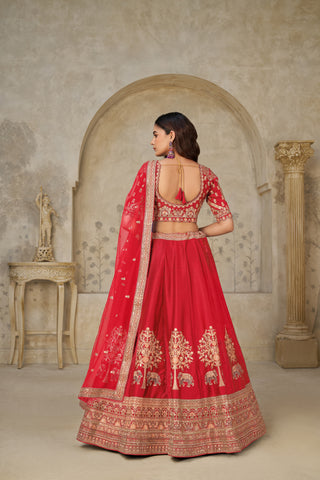 Red Grandeur Luxury Zari Embroidered Premium Bridal Lehenga Choli Set