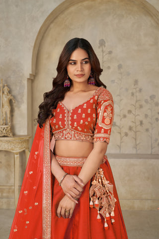 Rust Luxury Zari Embroidered Luxury Bridal Lehenga Choli Set