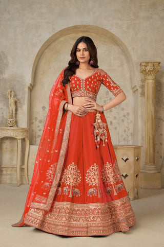 Rust Luxury Zari Embroidered Luxury Bridal Lehenga Choli Set