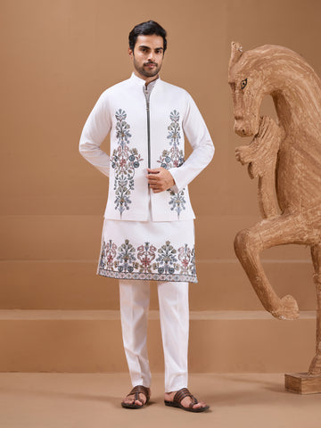 Wedding Special White Color Koti Kurta Set for Mens Wear