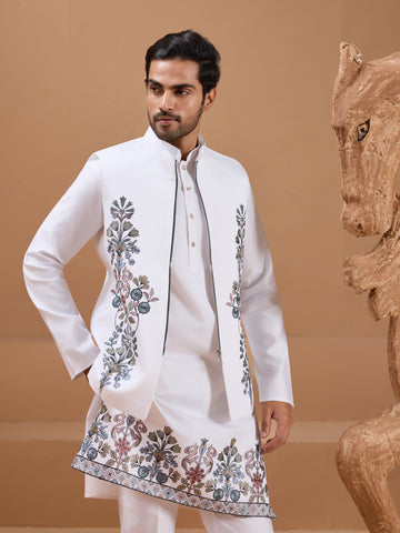 Wedding Special White Color Koti Kurta Set for Mens Wear