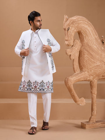 Wedding Special White Color Koti Kurta Set for Mens Wear