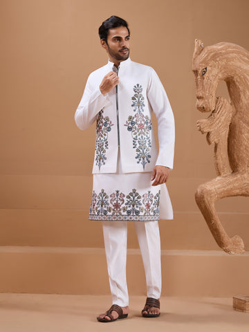 Wedding Special White Color Koti Kurta Set for Mens Wear