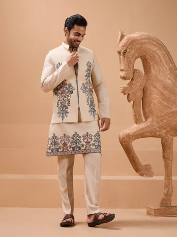 Tendy Beige Wedding Special Koti Kurta Set for Mens Wear