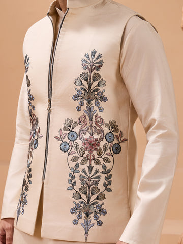 Tendy Beige Wedding Special Koti Kurta Set for Mens Wear