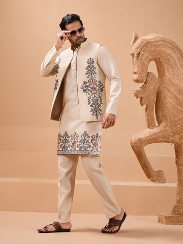 Tendy Beige Wedding Special Koti Kurta Set for Mens Wear