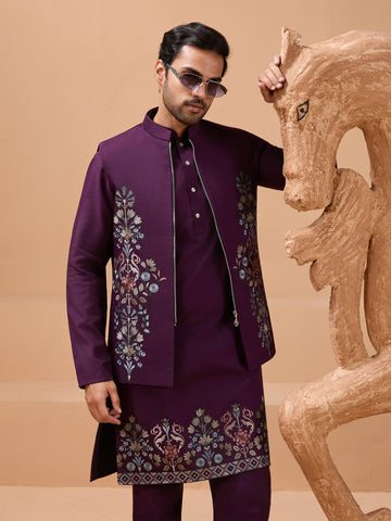 Vibrant Purple Color Koti Kurta Set Pair for Men Collection
