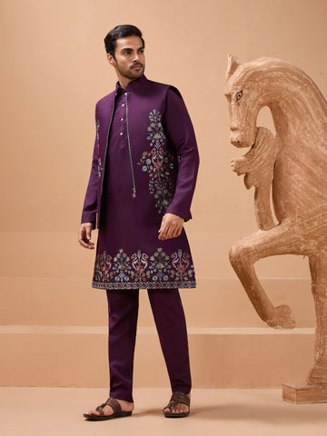 Vibrant Purple Color Koti Kurta Set Pair for Men Collection