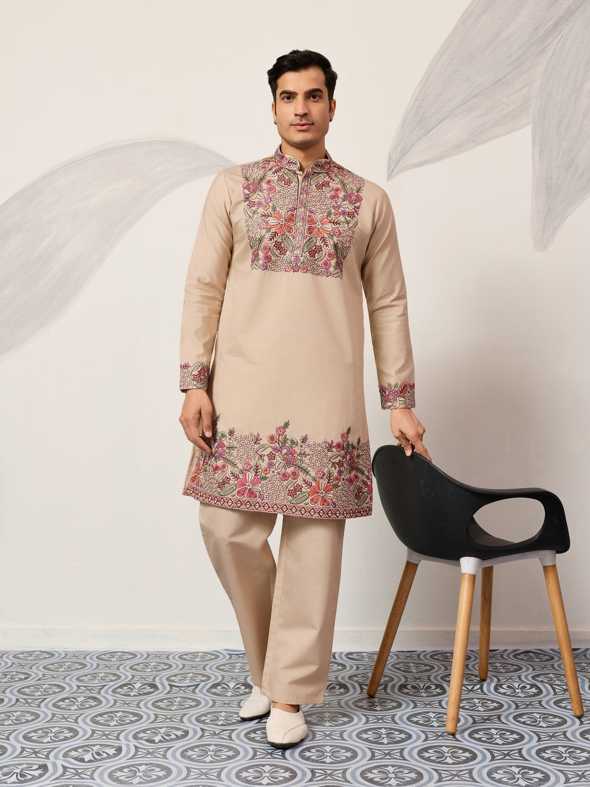 Beige Color Kurta Pant Set for Mens Traditional Outfit