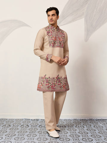 Beige Color Kurta Pant Set for Mens Traditional Outfit