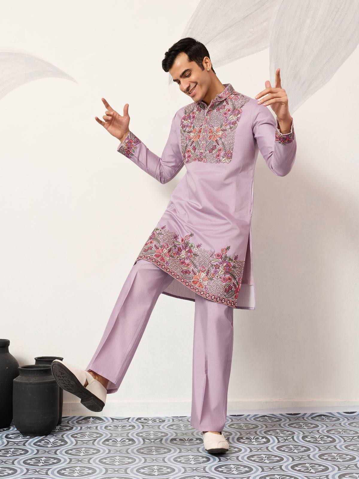 Lavender Kurta Pant Set for Traditional Mens Fashion
