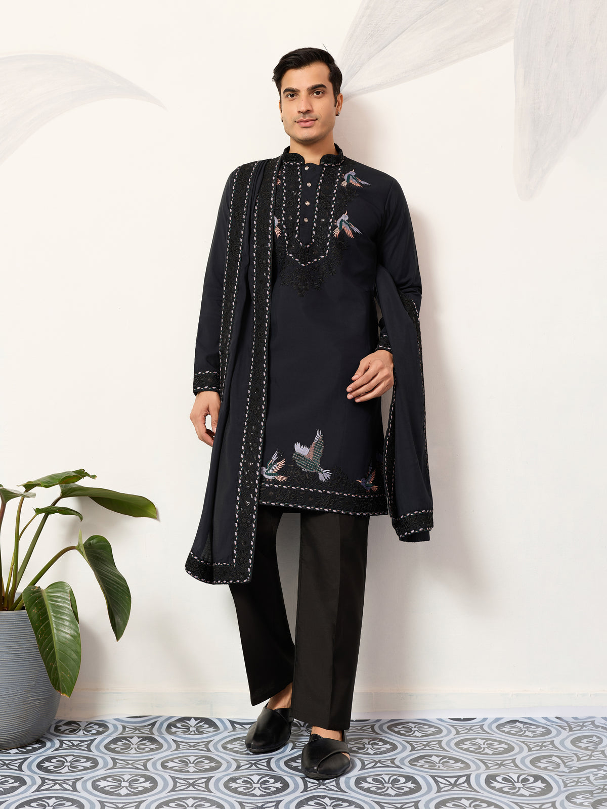 Mens Wear Luxury Navy Blue Kurta with Dupatta Collection