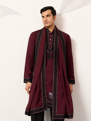 Vibrant Maroon Festive Kurta with Dupatta Set for Groom's Tribe