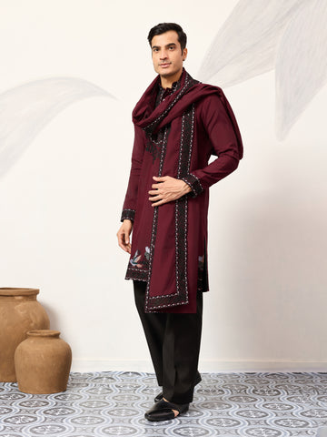 Vibrant Maroon Festive Kurta with Dupatta Set for Groom's Tribe
