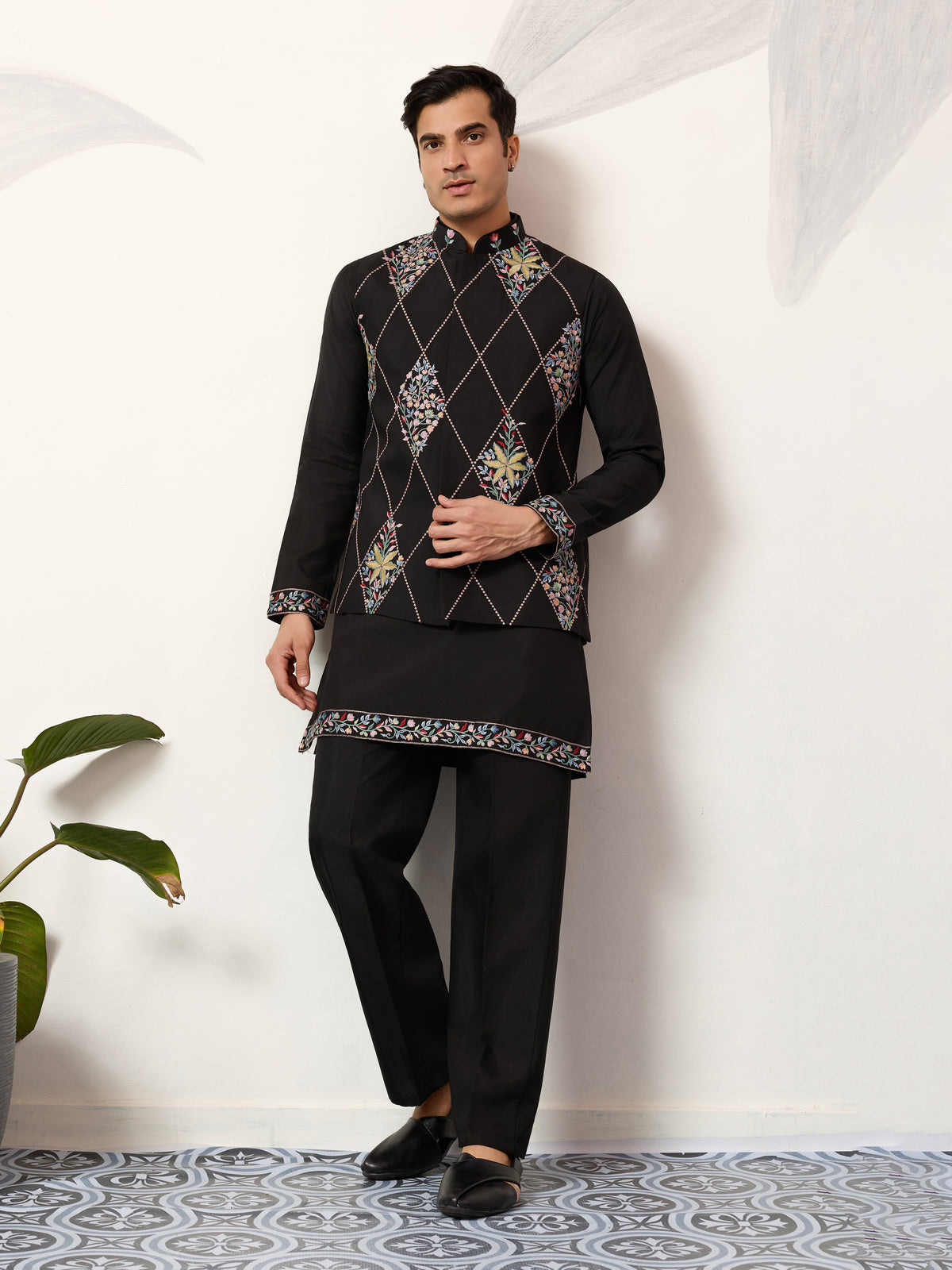 Premium Wedding Black Koti Kurta Pajama for Mens Wear