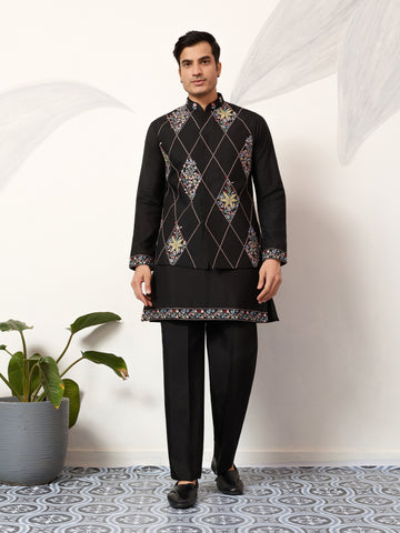 Premium Wedding Black Koti Kurta Pajama for Mens Wear