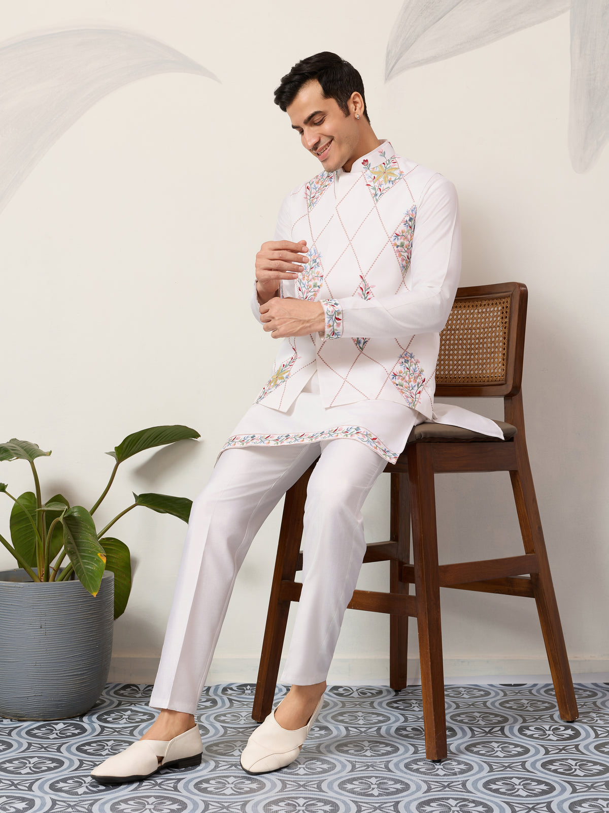 Elegant Wedding Special White Koti Kurta Pajama Set