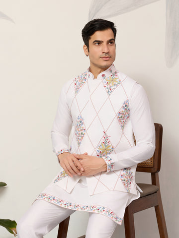 Elegant Wedding Special White Koti Kurta Pajama Set