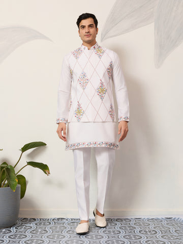 Elegant Wedding Special White Koti Kurta Pajama Set