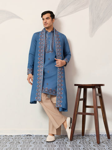 Wedding Royal Look Blue Kurta with Dupatta for Mens Wear