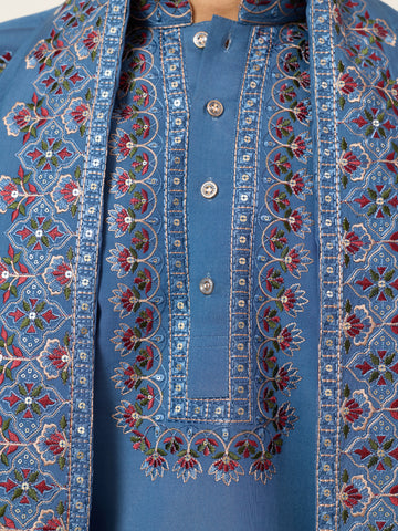 Wedding Royal Look Blue Kurta with Dupatta for Mens Wear