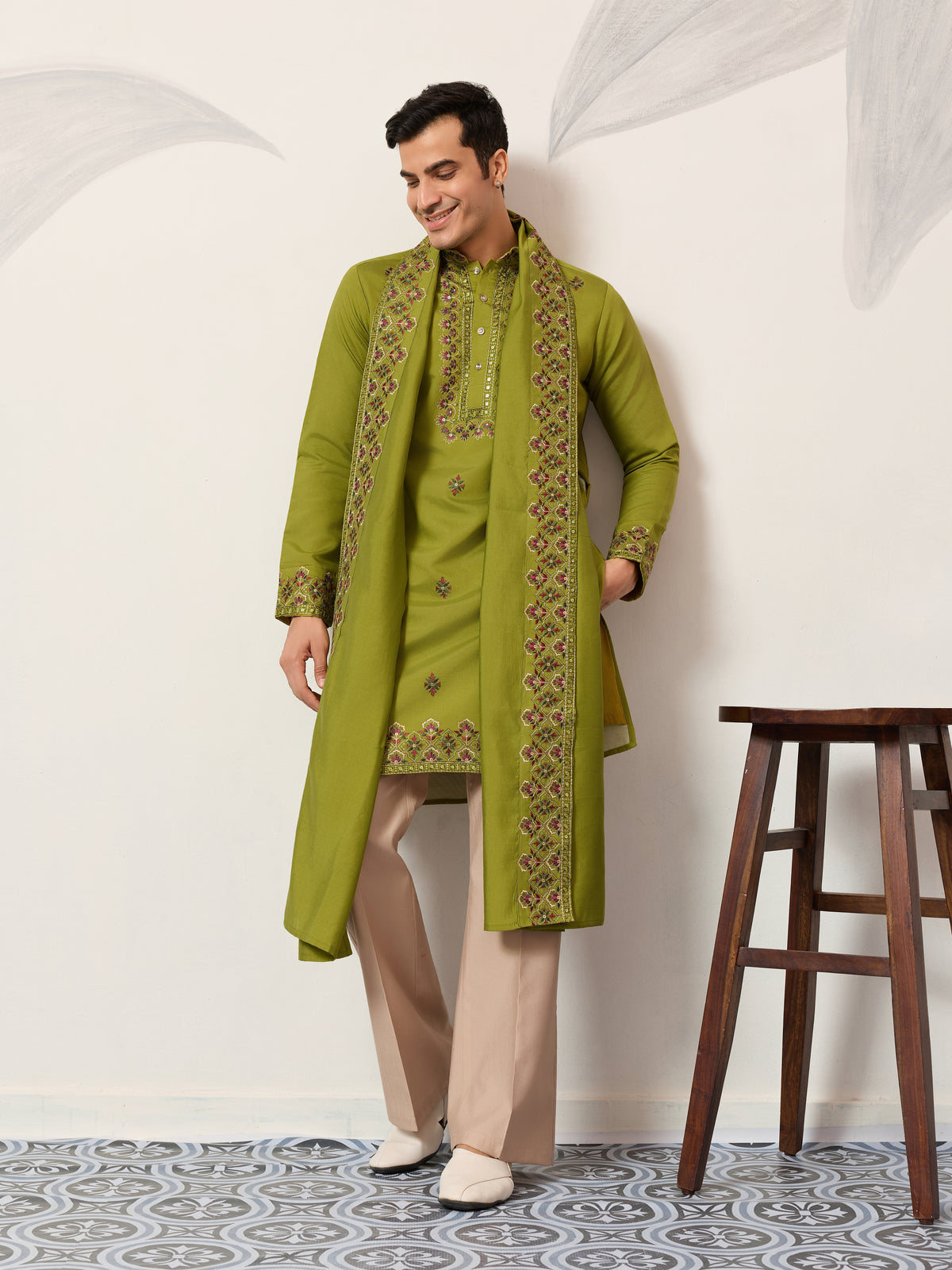 Classic Wedding Fluorescent Green Mens Wear Kurta with Dupatta