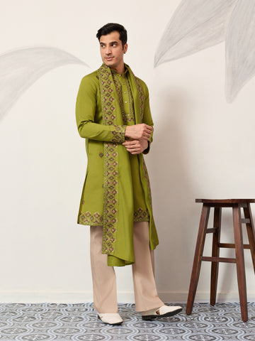 Classic Wedding Fluorescent Green Mens Wear Kurta with Dupatta
