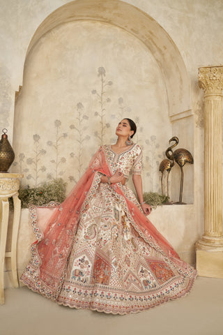 Royal Grandeur Cream Zari Embroidered Bridal Lehenga Choli Set