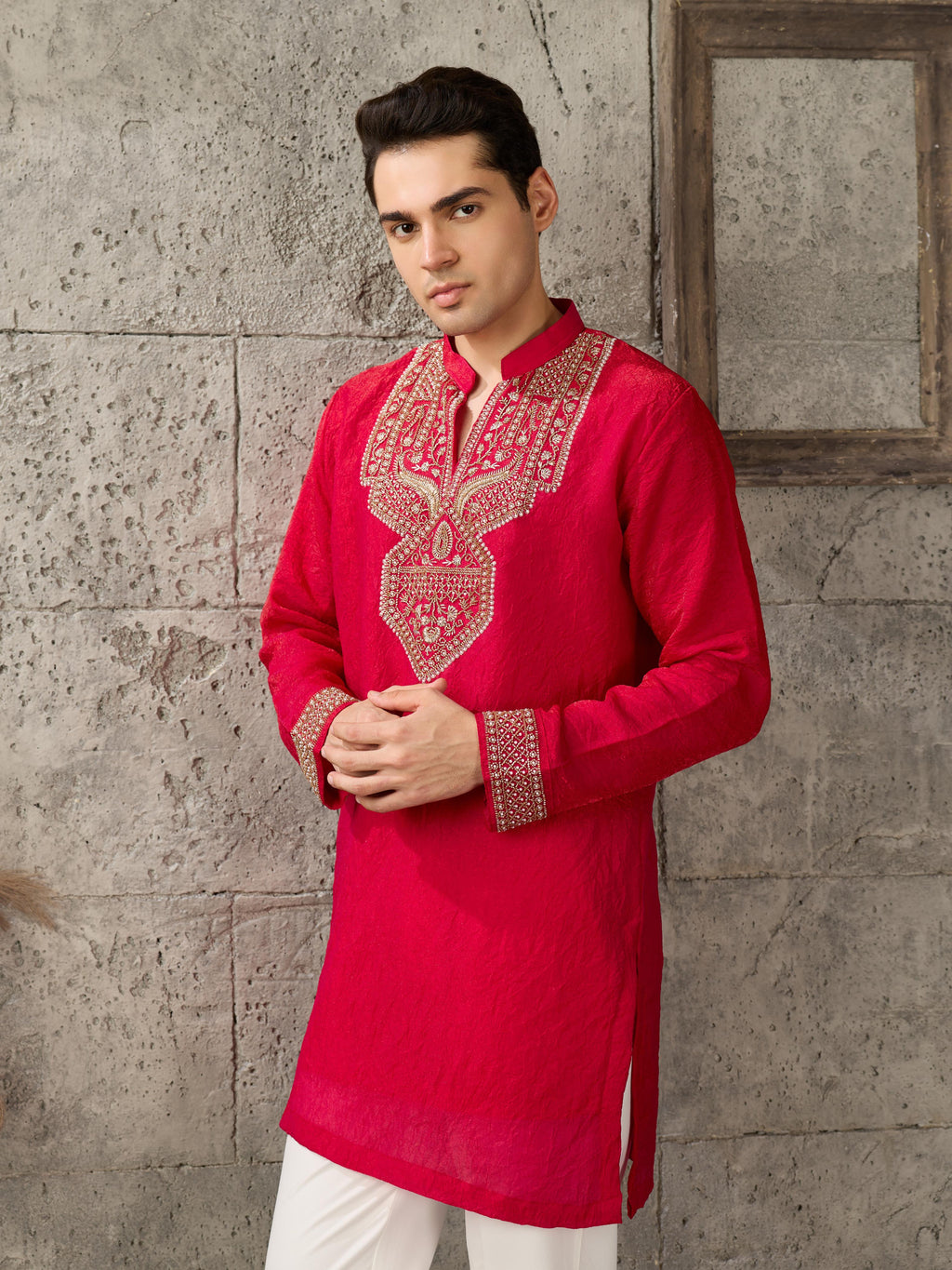 Red Premium Crush Beads Work Mens Kurta | Tulip Designer