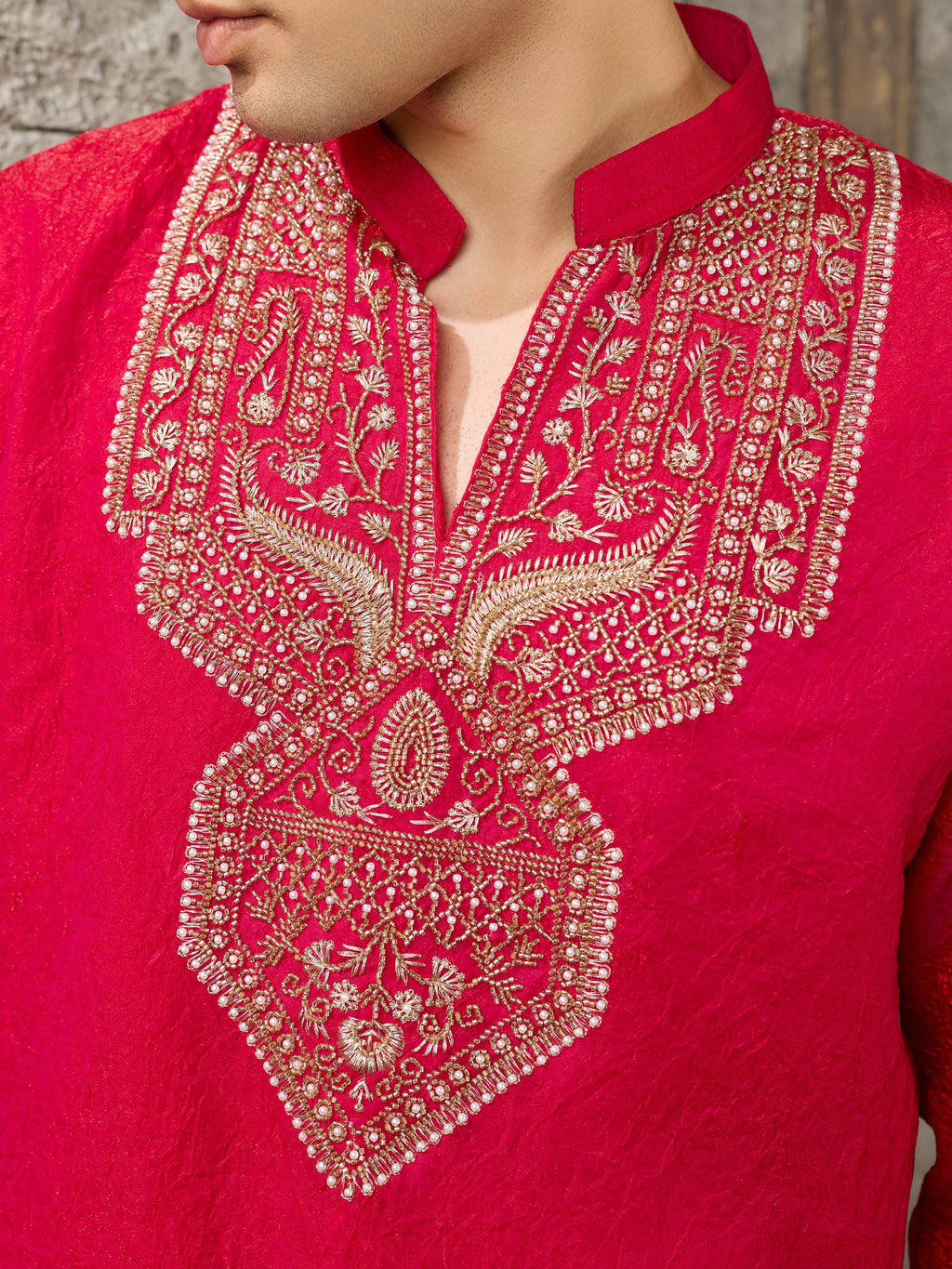 Red Premium Crush Beads Work Mens Kurta | Tulip Designer
