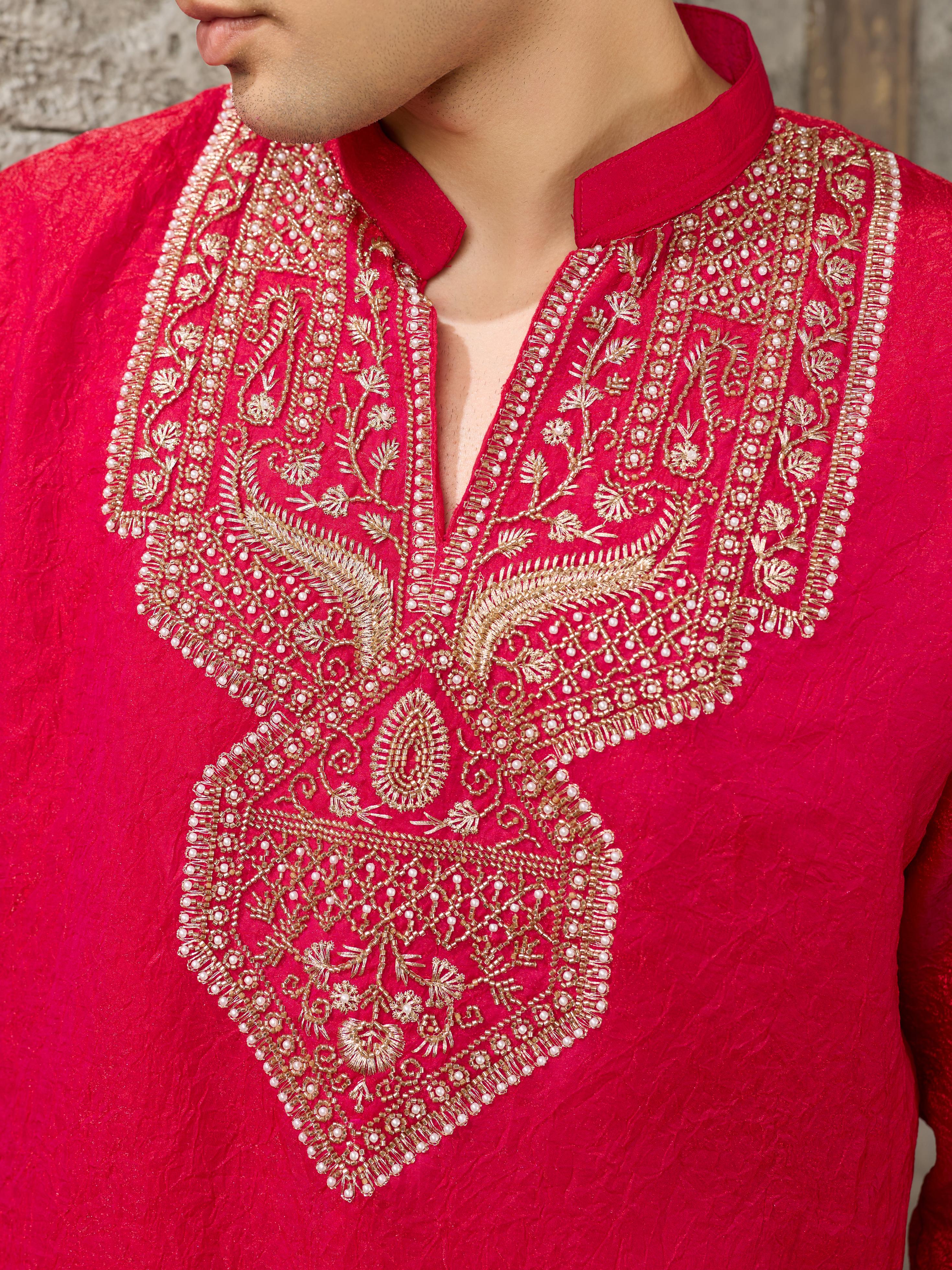 Red Premium Crush Beads Work Mens Kurta | Tulip Designer