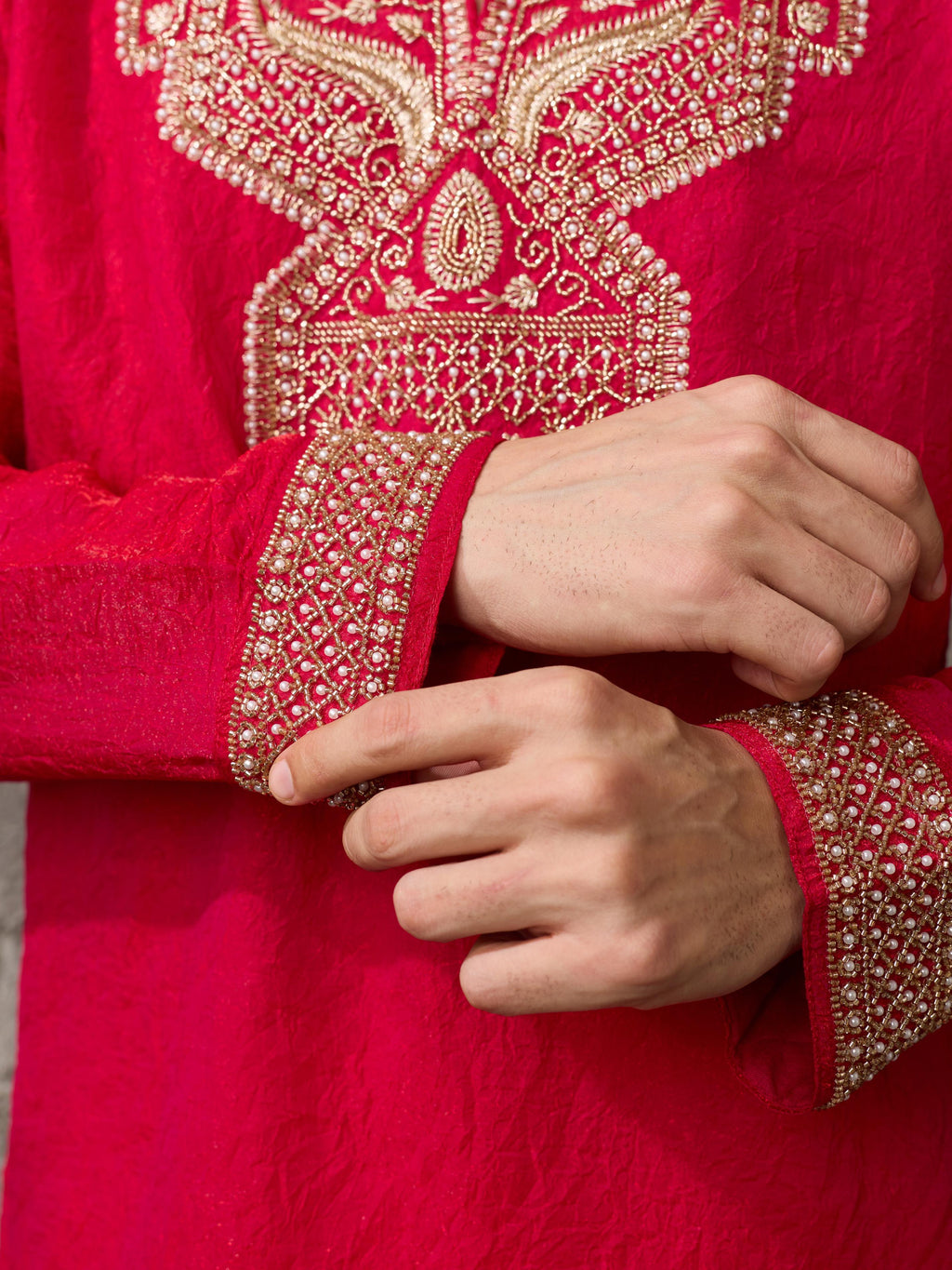 Red Premium Crush Beads Work Mens Kurta | Tulip Designer