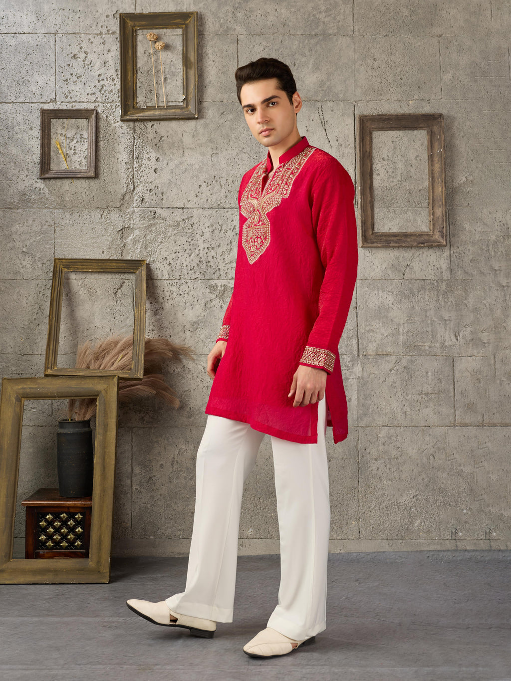 Red Premium Crush Beads Work Mens Kurta | Tulip Designer